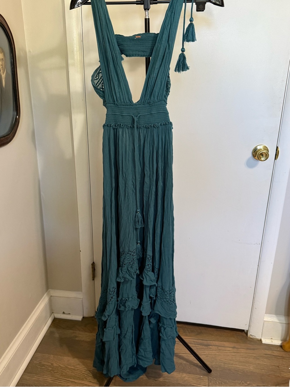 Free People Teal Tiered Maxi Dress with Tassel Straps